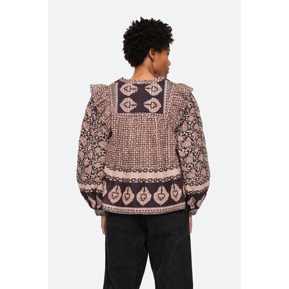 💕SEA NEW YORK💕 Margo Quilted Top ~ 100% Cotton Purple Border Print Large NWOT - Picture 2 of 11